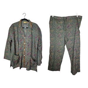 NEW Pomegranates XS Green Paisley Cotton Indian Pajama Set Boho Lounge 2 Piece